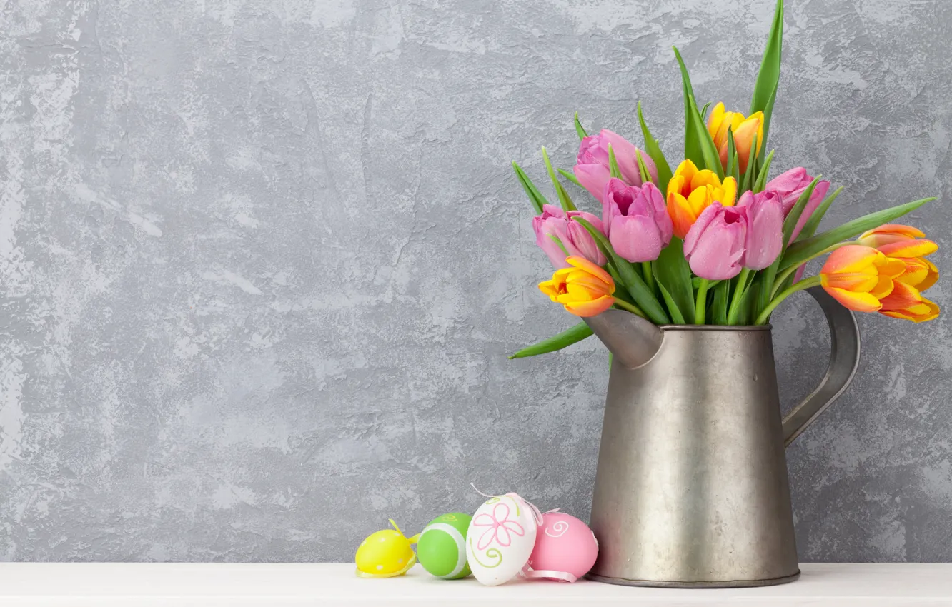 Photo wallpaper flowers, Easter, tulips, happy, pink, flowers, tulips, spring