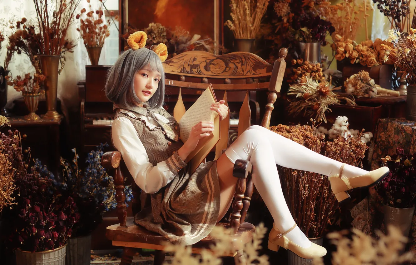 Photo wallpaper girl, book, Asian