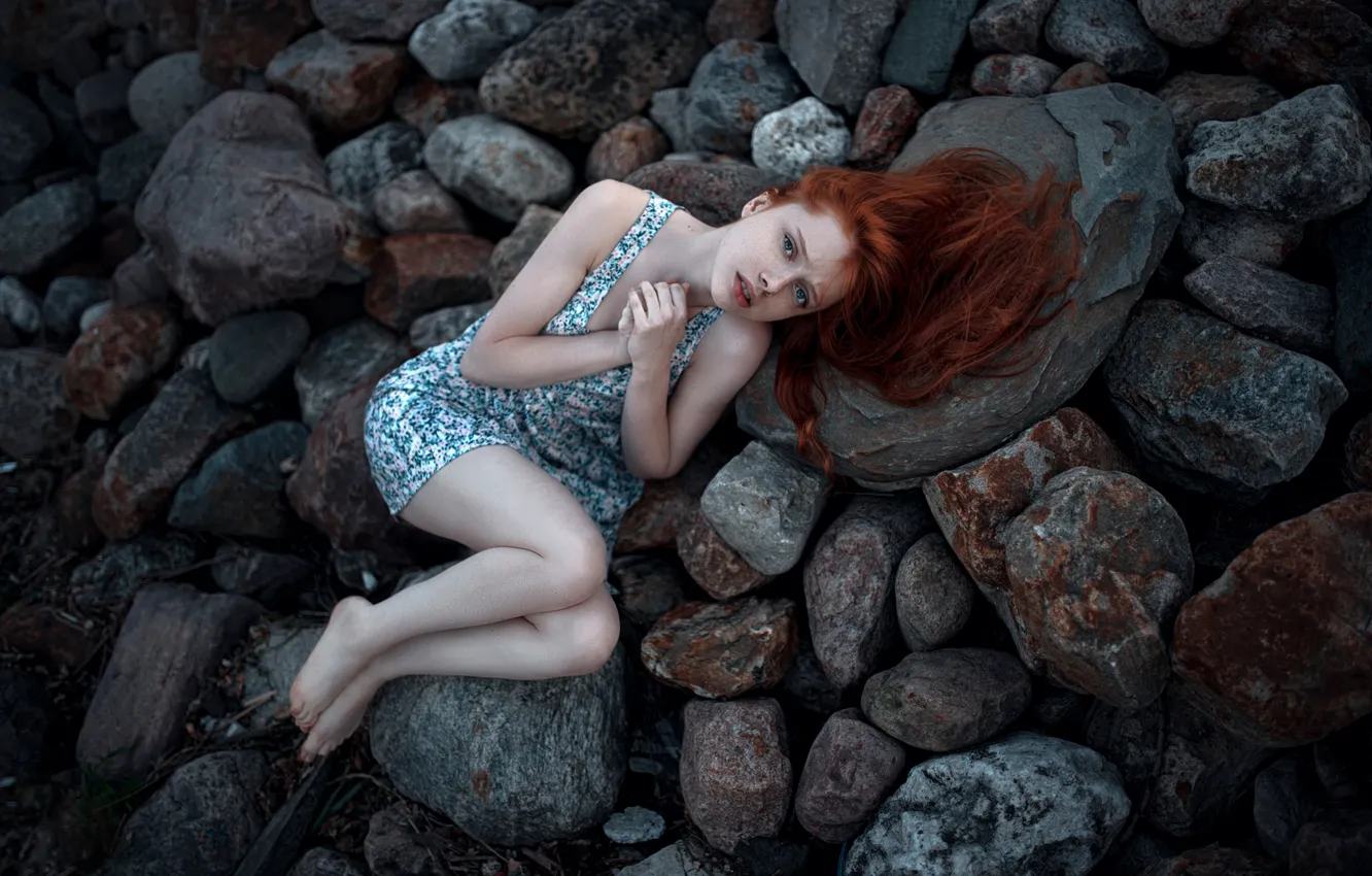 Photo wallpaper cold, girl, stones, freckles, legs, the beauty, redhead, George Chernyadev