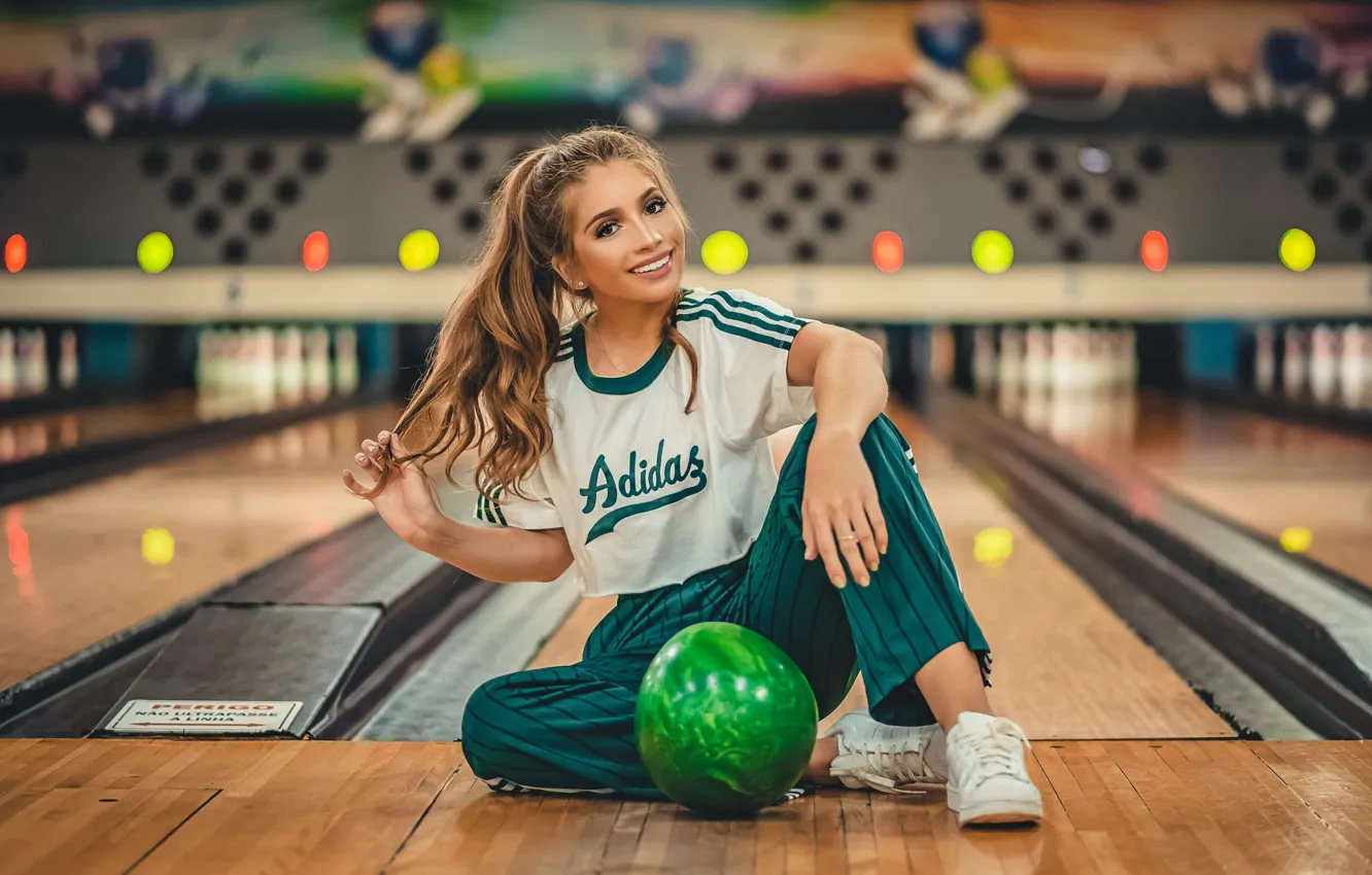 Photo wallpaper girl, ball, t-shirt, tail, brown hair, pants, bowling