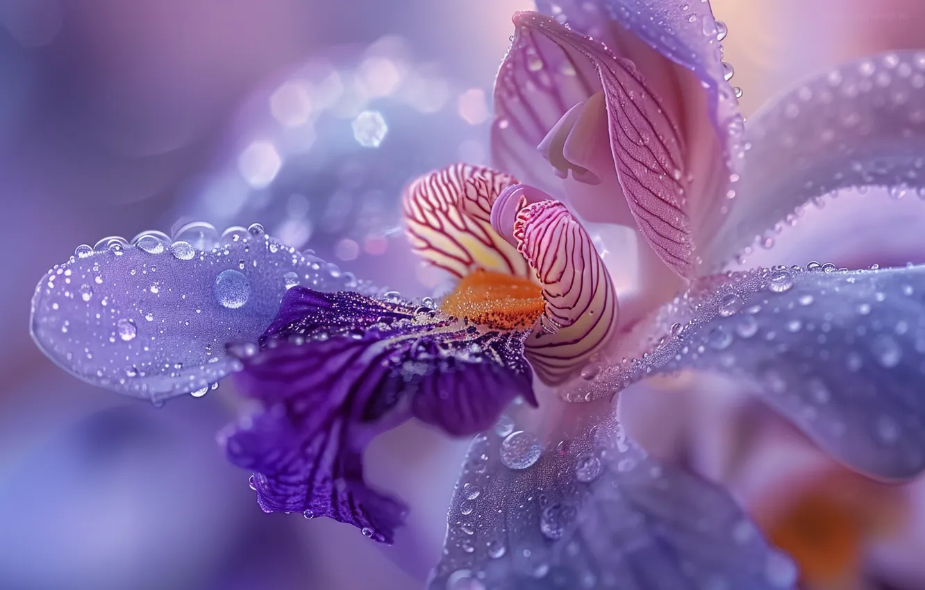 Photo wallpaper drops, macro, flowers, Orchid, lilac, AI art, neural network