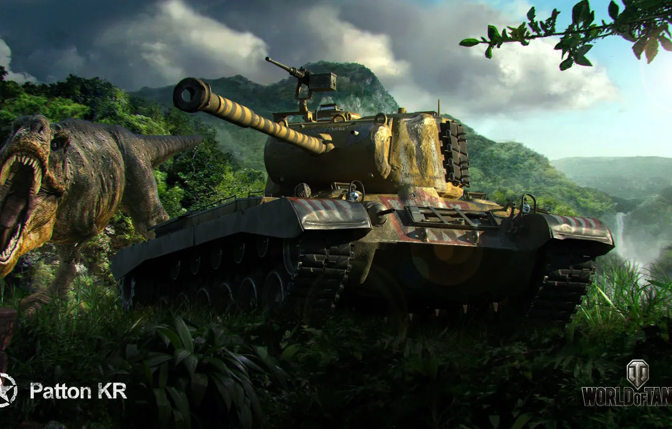 Photo wallpaper technique, tank, World of Tanks, World Of Tanks, M46 Patton KR, camouflage. dinosaur