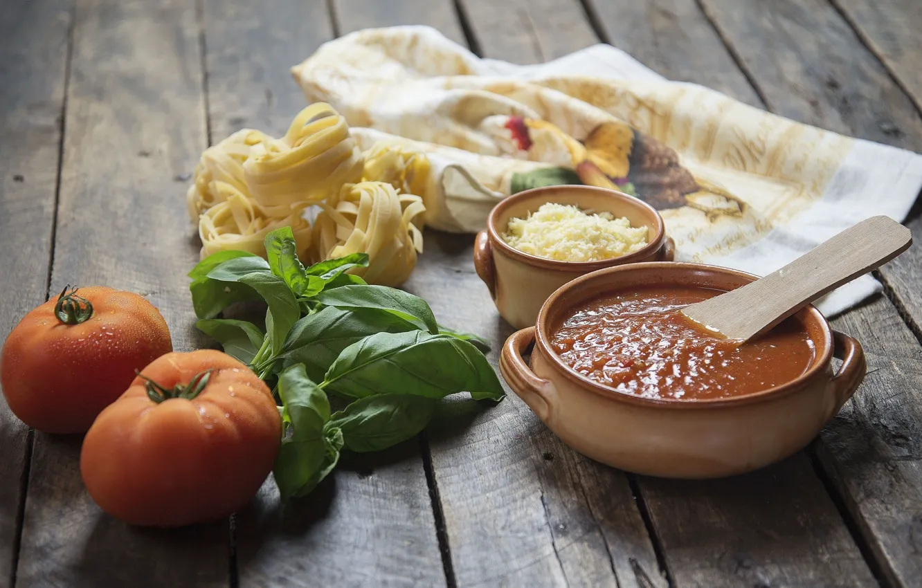 Photo wallpaper food, cheese, tomatoes, sauce, pasta, Basil