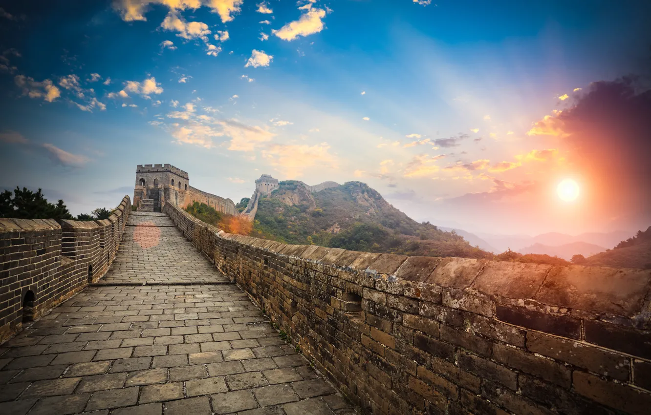 Photo wallpaper landscape, mountains, stay, wall, morning, blur, China, tower