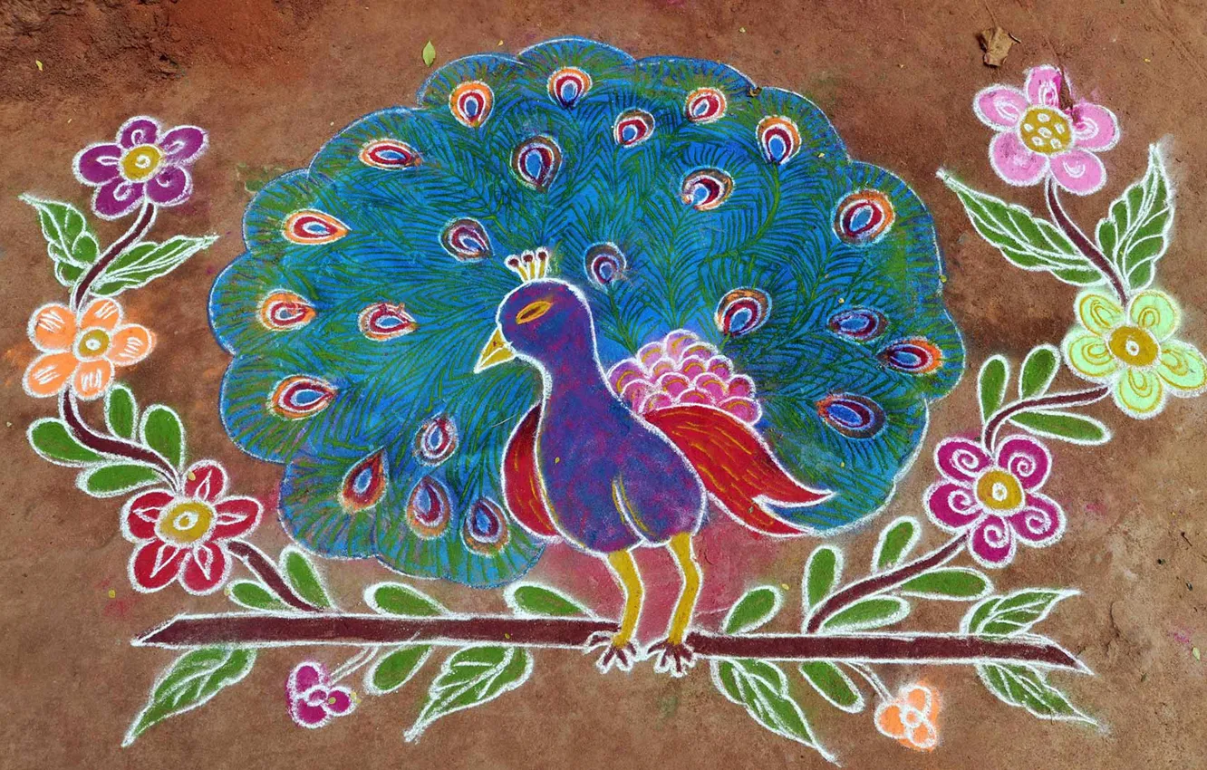 Photo wallpaper style, India, drawing, Mel, Tamil Nadu, rice flour, Pongal kolam