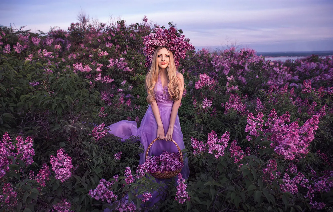 Photo wallpaper look, girl, nature, spring, dress, beautiful, lilac, Sergey Shatskov