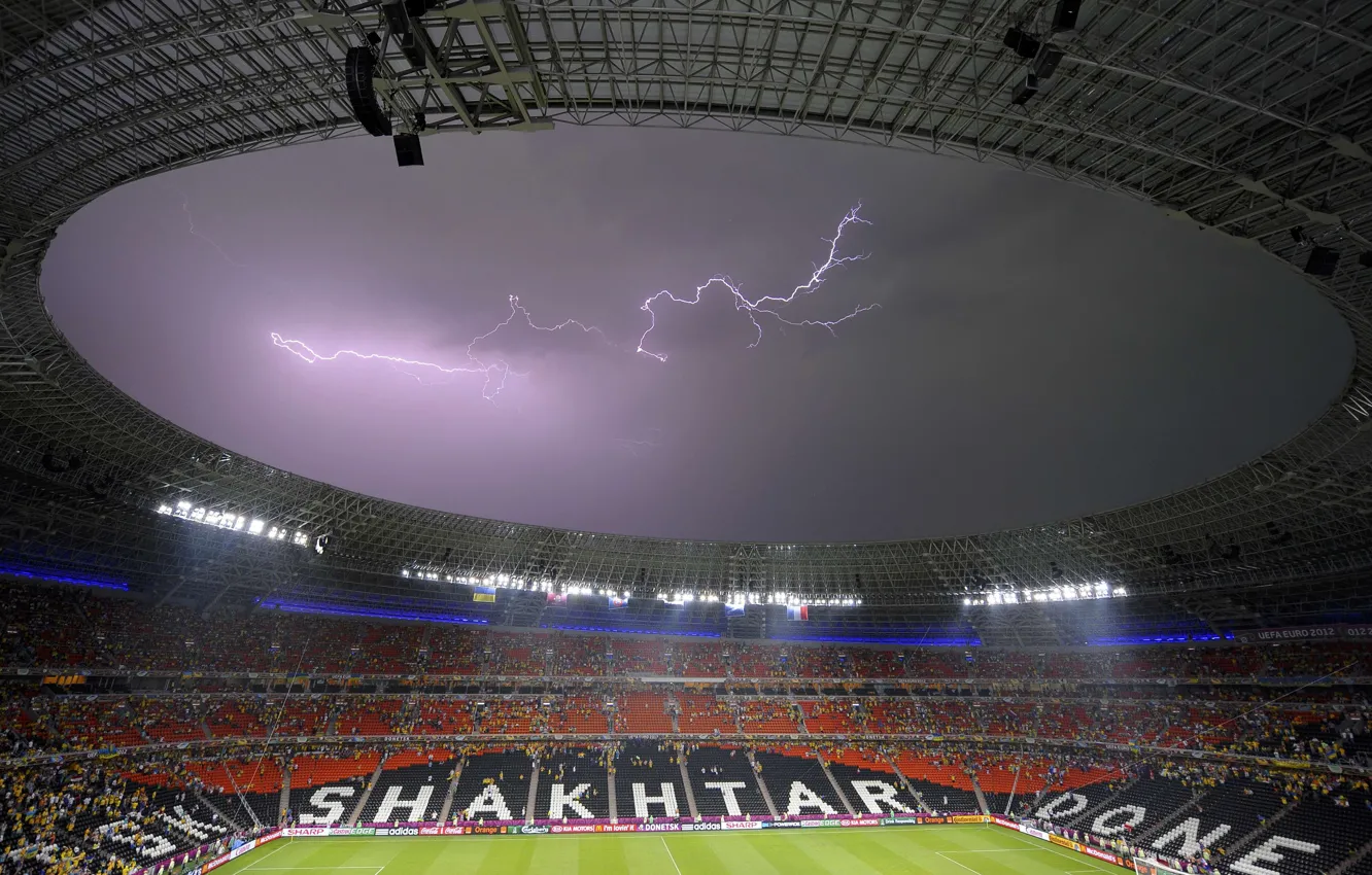 Photo wallpaper football, lightning, stadium, Donetsk, Miner, Donbass Arena, EURO 2012, Donetsk