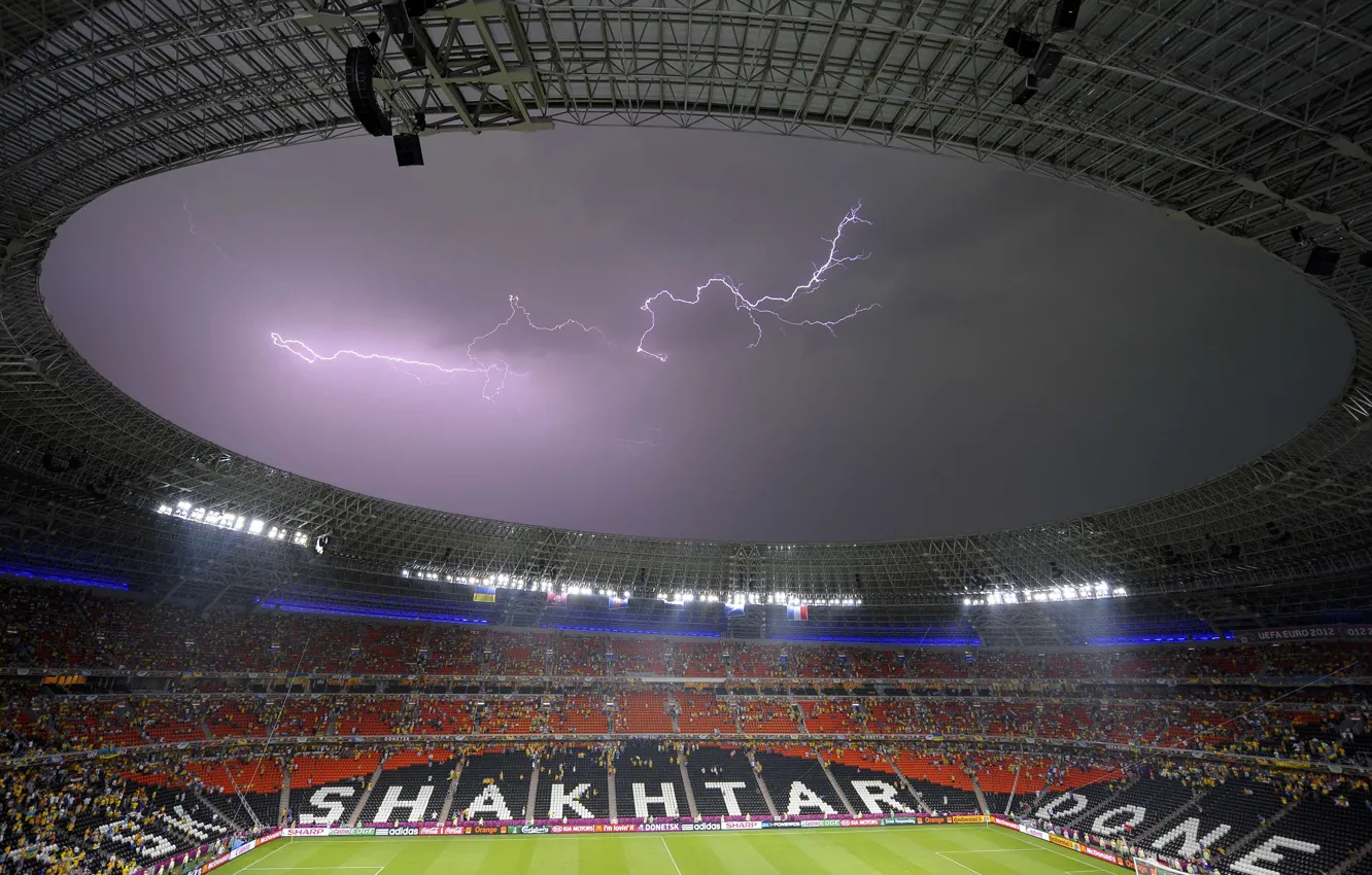 Photo wallpaper football, lightning, stadium, Donetsk, Miner, Donbass Arena, Euro 2012, Donetsk