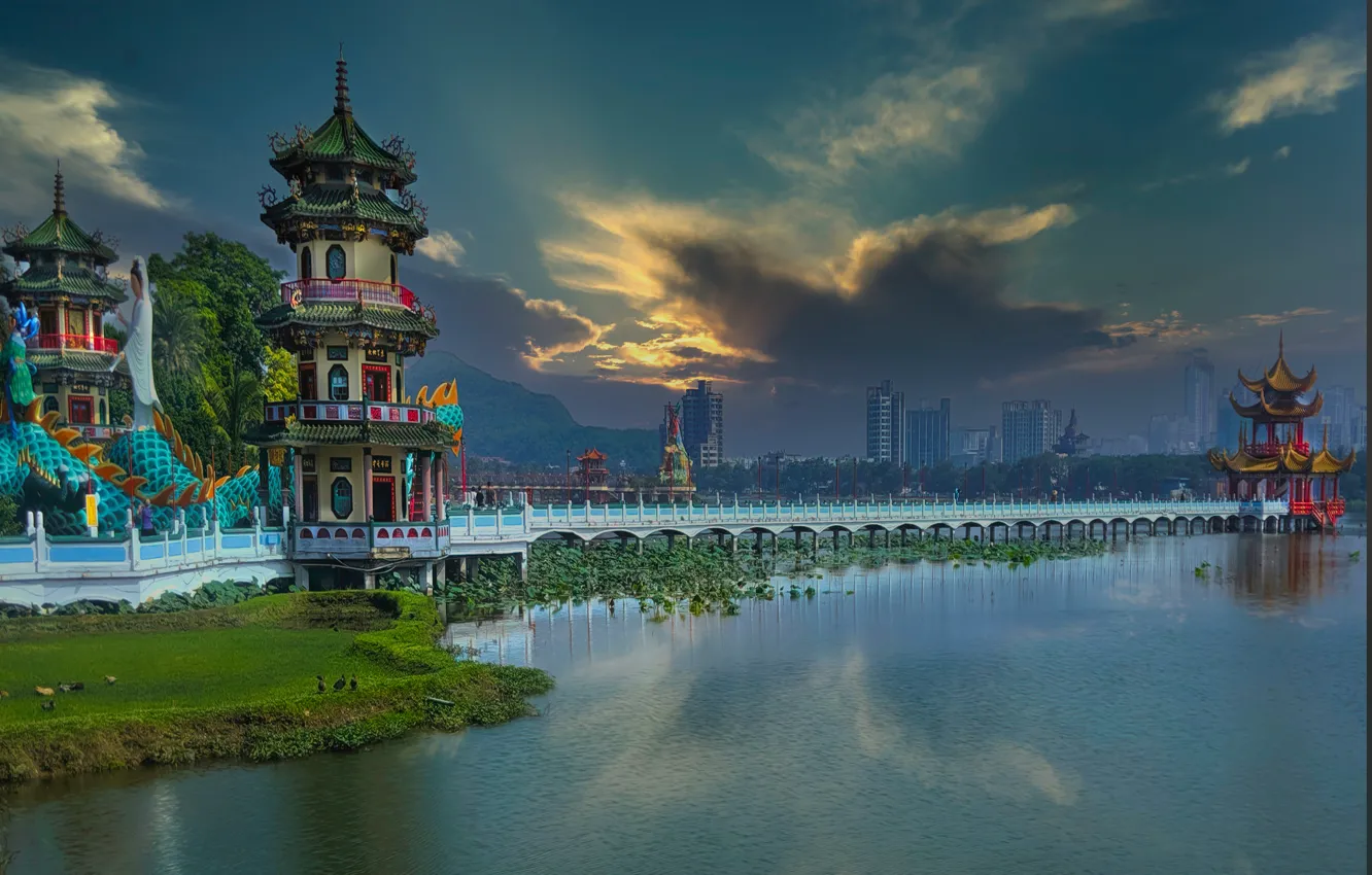 Photo wallpaper landscape, bridge, the city, lake, building, home, China, Taiwan