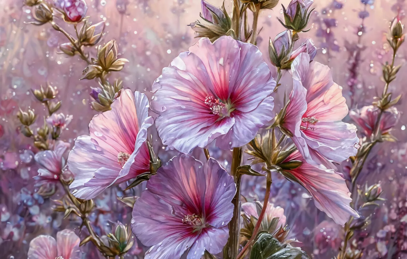 Photo wallpaper flowers, pink, mallow