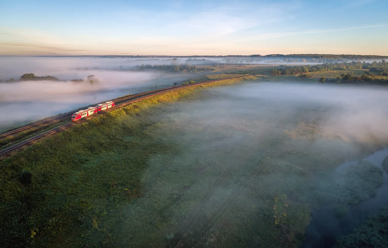 Photo wallpaper summer, fog, river, train, railroad, summer, Russia, river