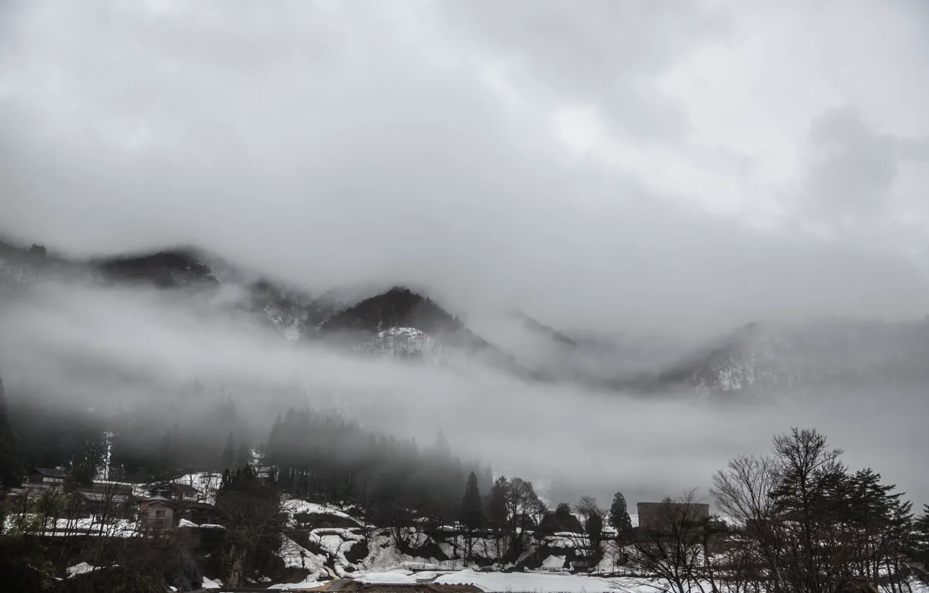 Photo wallpaper winter, mountains, clouds, fog, village