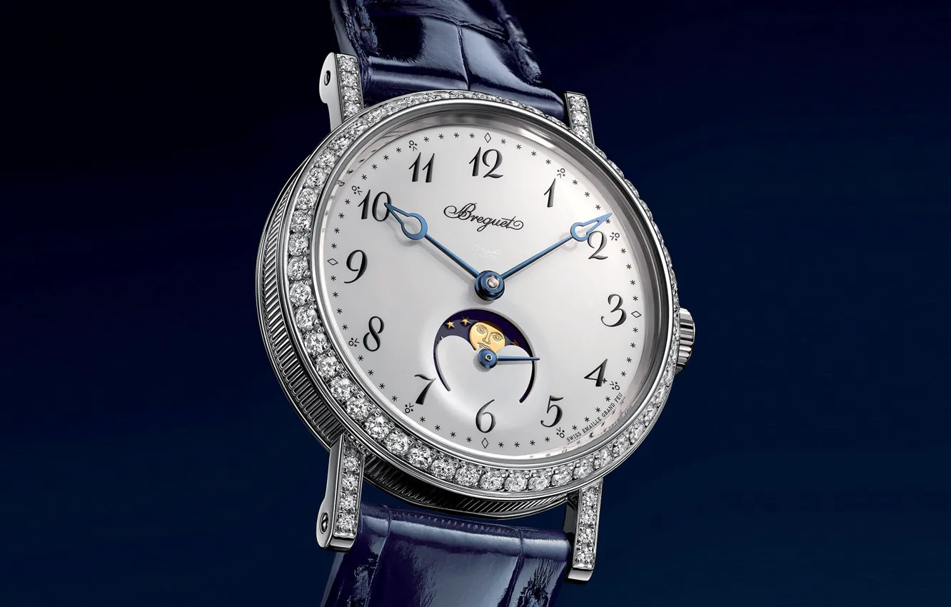 Photo wallpaper time, style, watch, rhinestones, dial, blue background, watches, ladies watch Breguet
