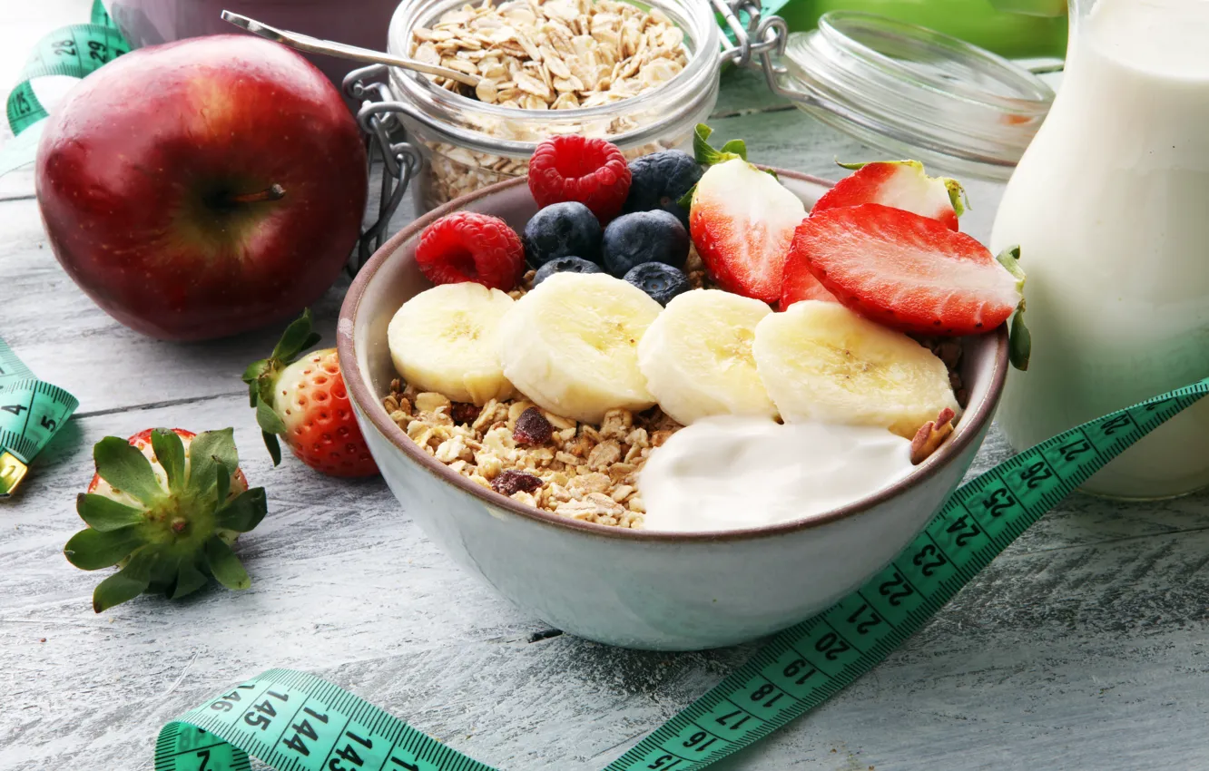 Photo wallpaper berries, apples, Breakfast, bananas, yogurt, oatmeal