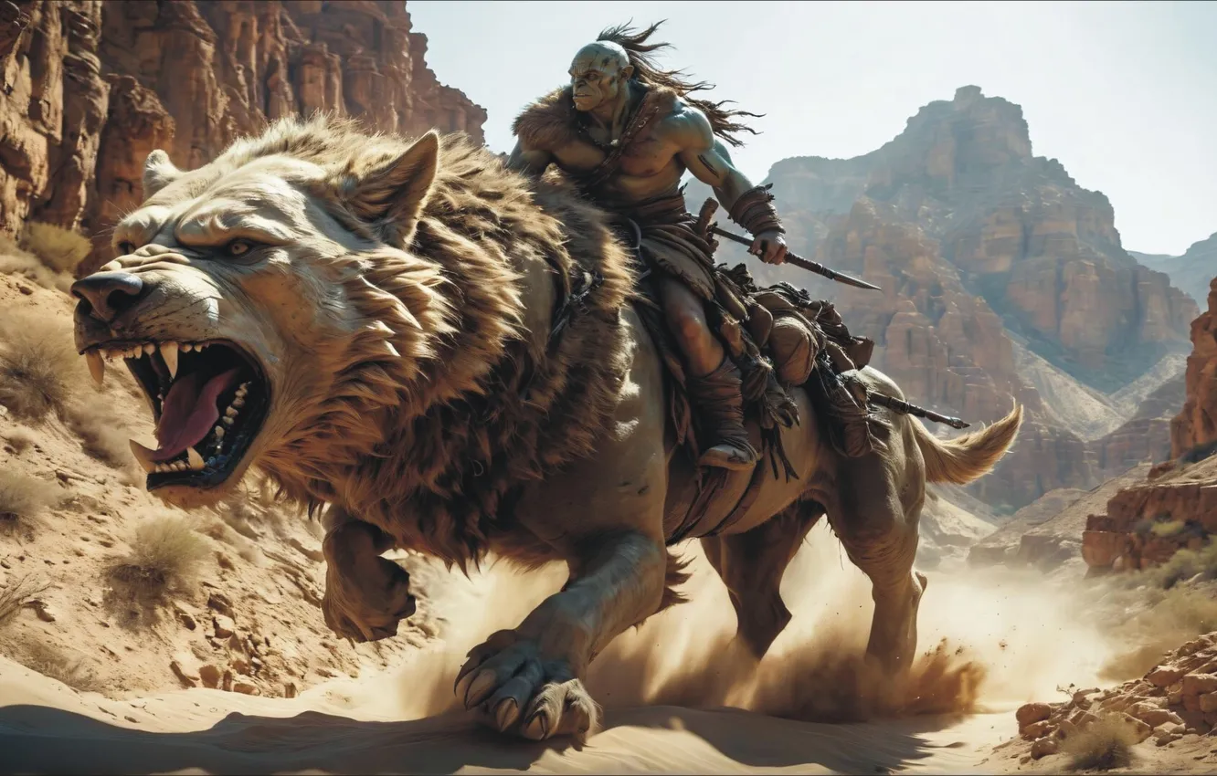 Photo wallpaper art, lion, two, hunter, mouth, catch, Fantastic art