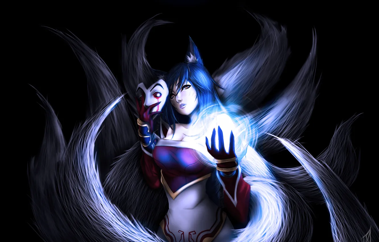 Photo wallpaper look, girl, face, magic, mask, black background, ears, League of Legends
