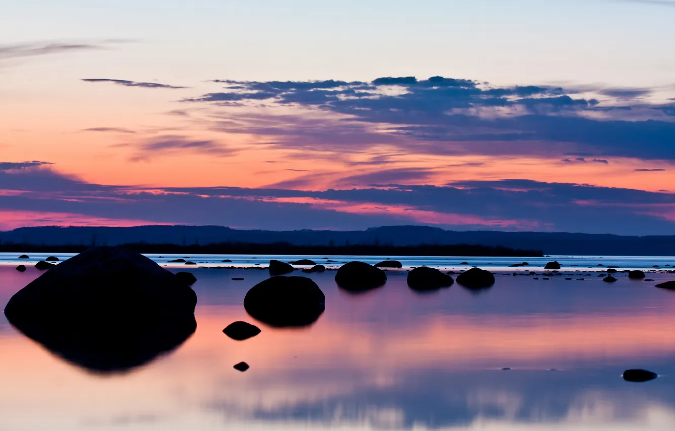 Photo wallpaper clouds, lake, stones, dawn, horizon