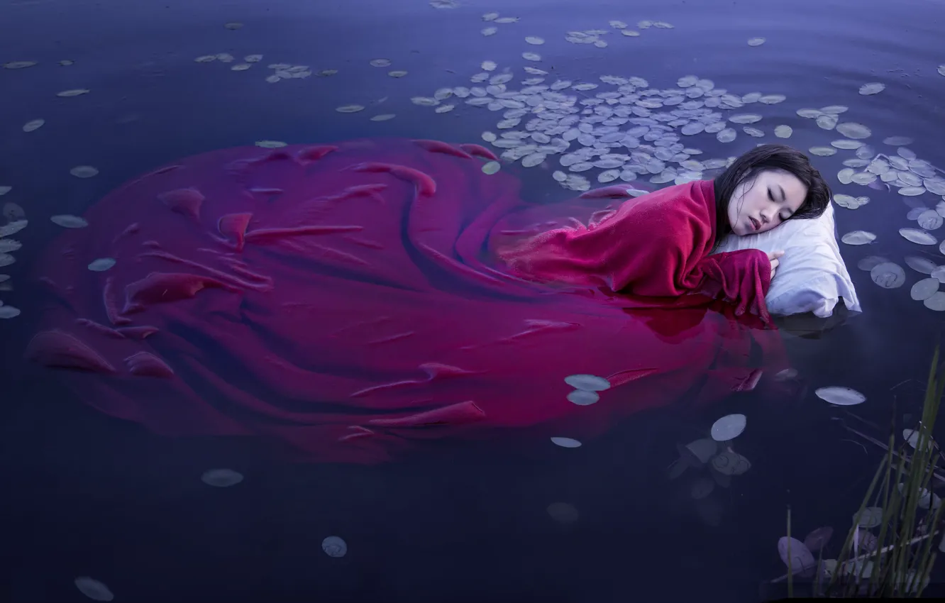 Photo wallpaper girl, lake, sleep