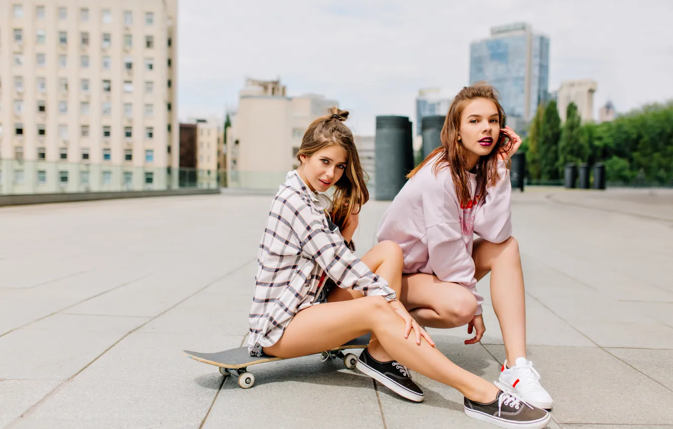 Photo wallpaper girls, beautiful, street, skateboarders