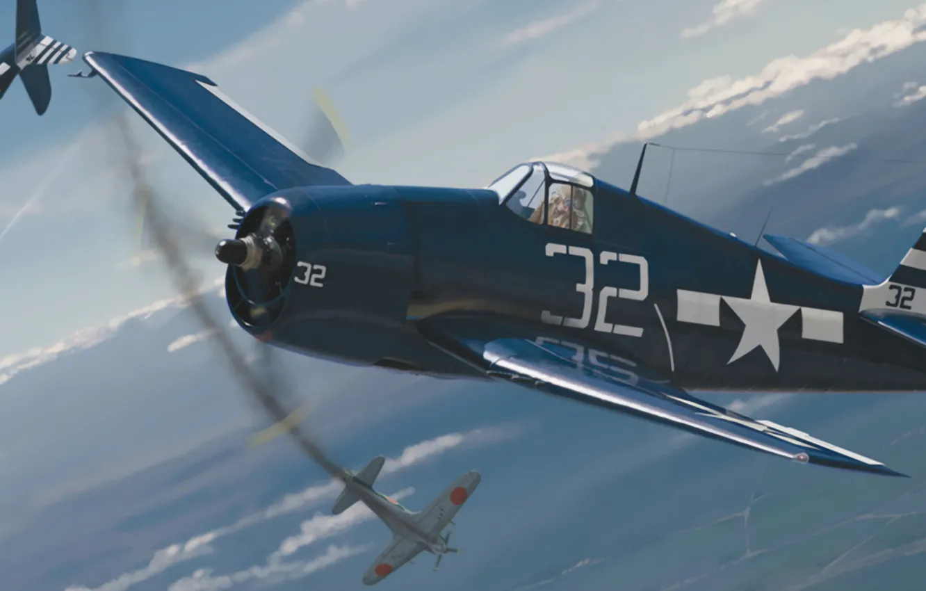 Photo wallpaper art, painting, dogfight, ww2. war, Kawanishi N1K, The Grumman F6F Hellcat