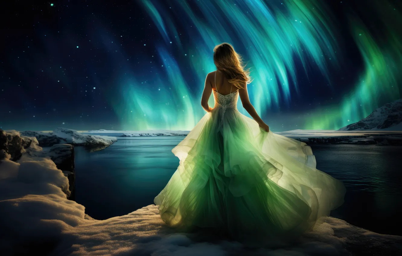 Photo wallpaper winter, white, the sky, girl, stars, snow, night, darkness