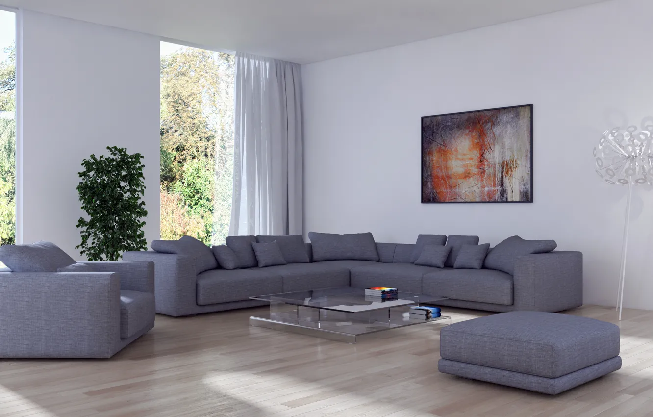 Photo wallpaper flowers, sofa, lamp, interior, picture, chair, pillow, table