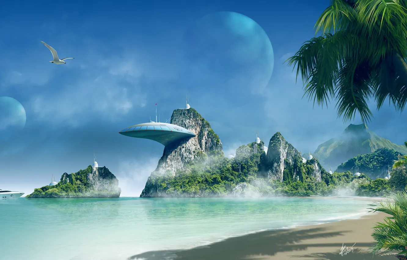 Photo wallpaper fiction, the moon, satellite, art, jean pierre, Two moons, Jean-Pierre Lapointe