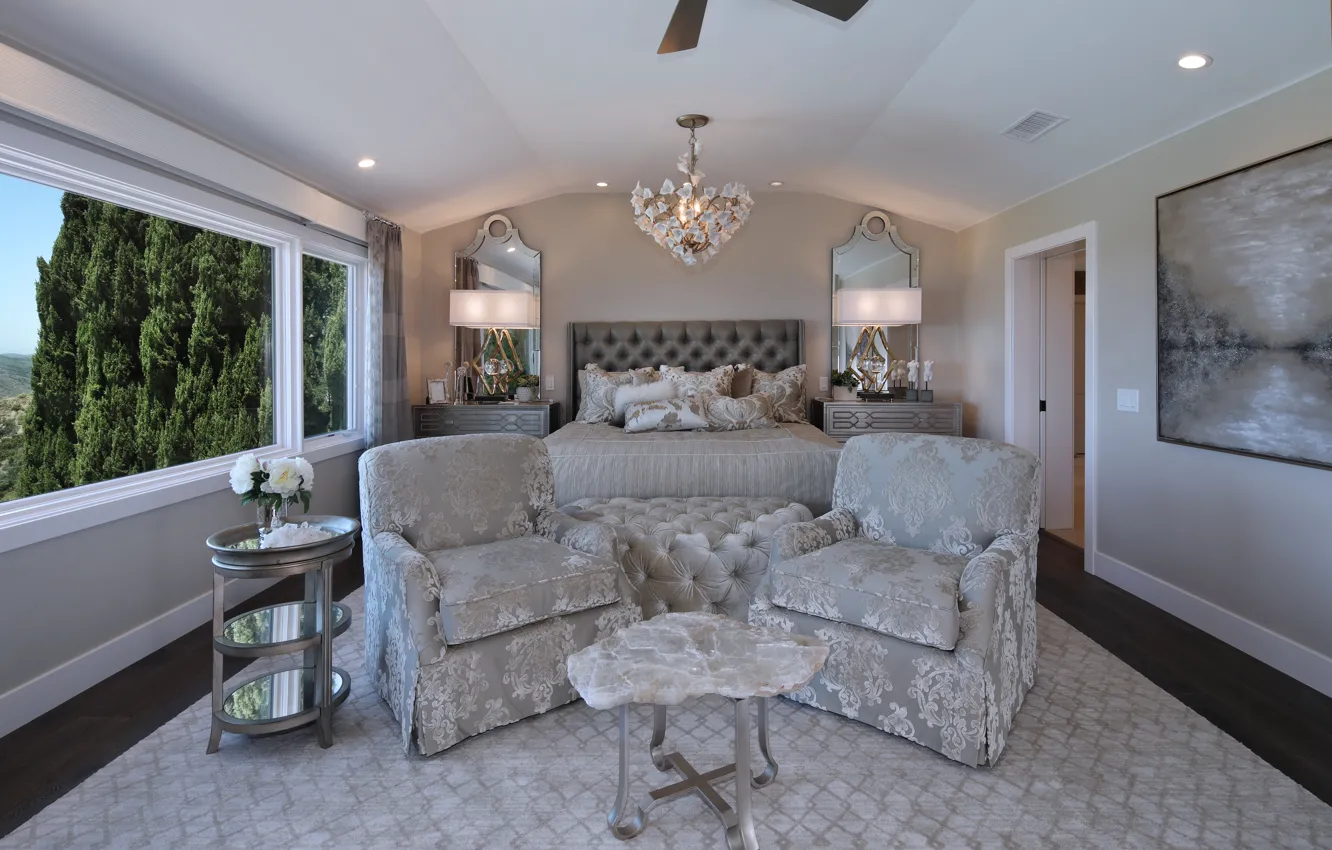 Photo wallpaper room, bed, chair, chandelier, bedroom