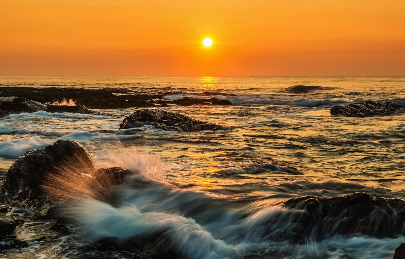 Photo wallpaper sea, wave, the sky, the sun, light, landscape, sunset, squirt