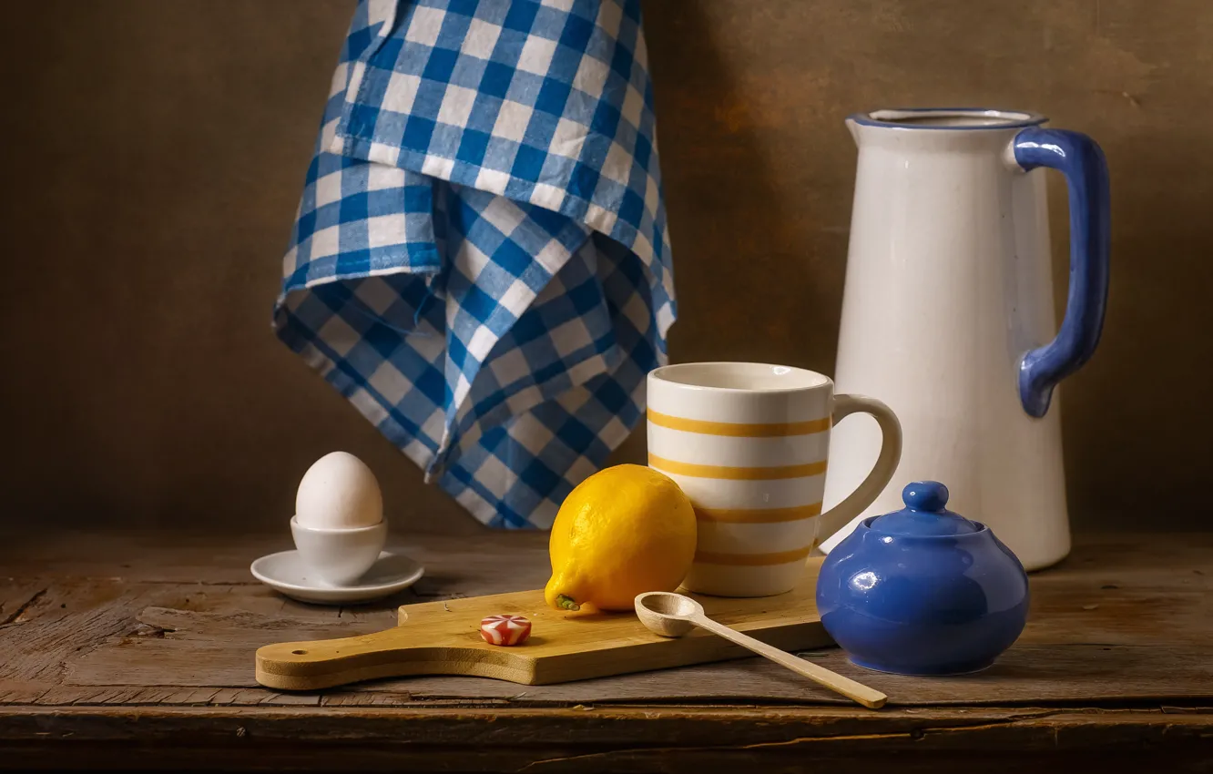 Photo wallpaper table, lemon, eggs, still life