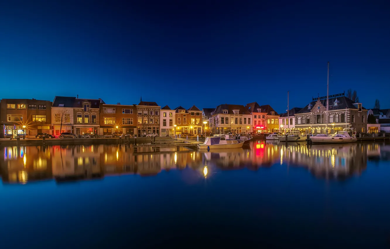 Photo wallpaper night, lights, reflection, river, boat, home, pier, lights