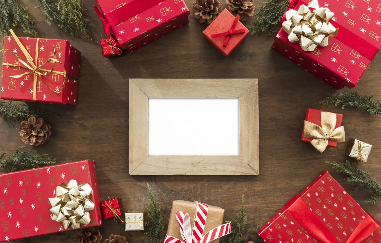 Photo wallpaper red, box, gift, Board, new year, frame, Christmas, gold plated