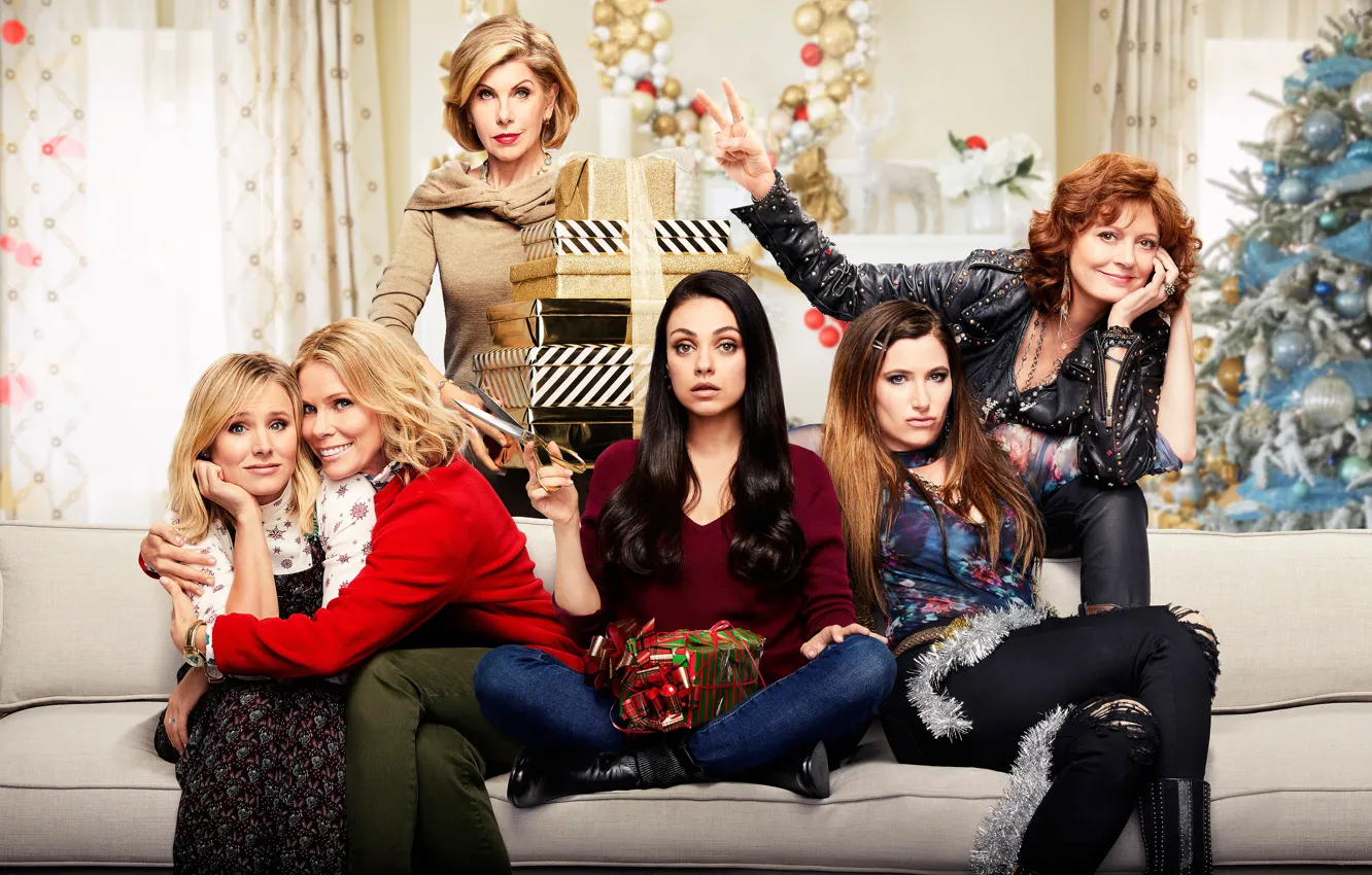 Photo wallpaper room, sofa, box, gift, tree, new year, poster, Mila Kunis