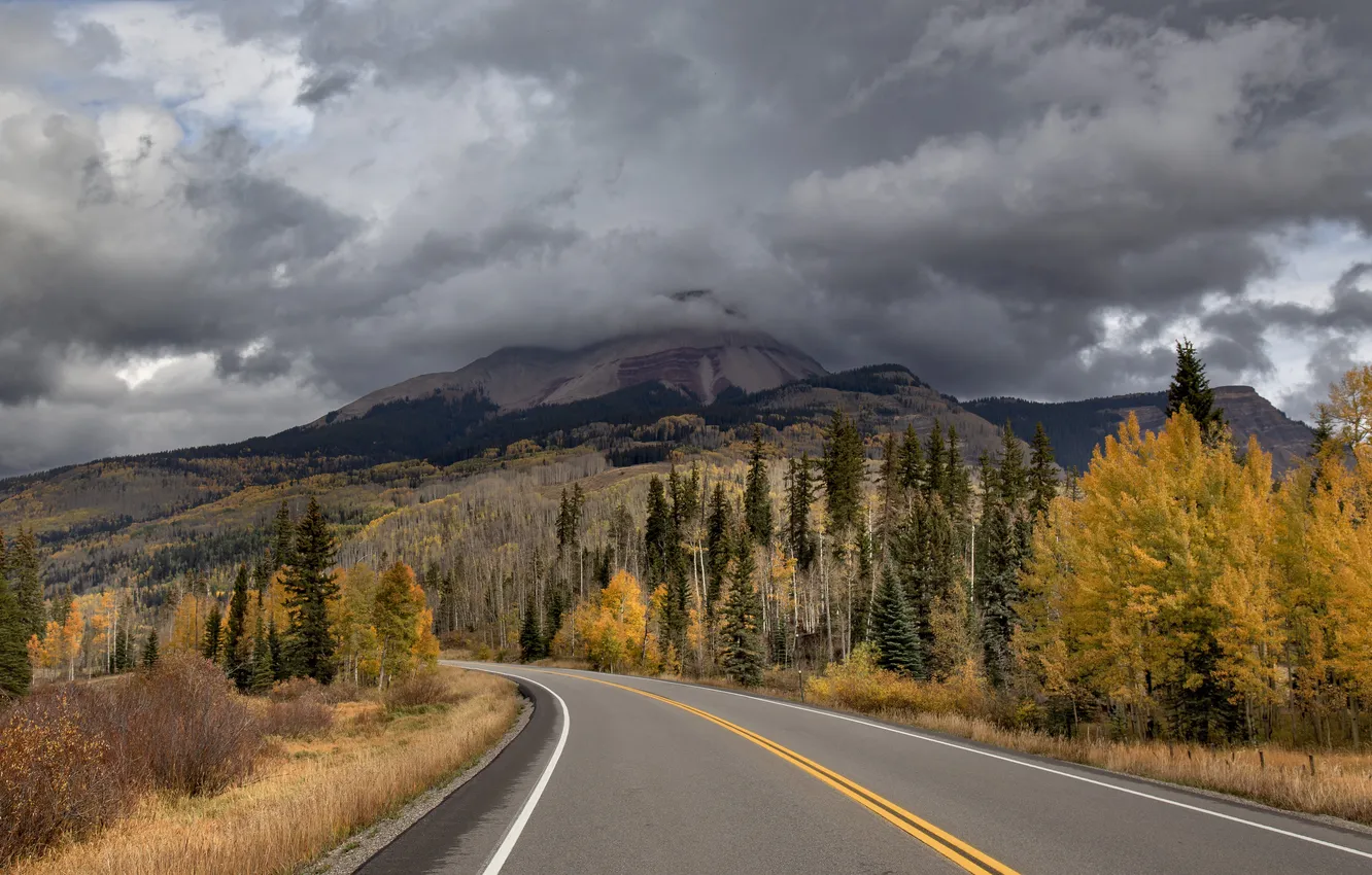Photo wallpaper autumn, forest, mountains, clouds, highway