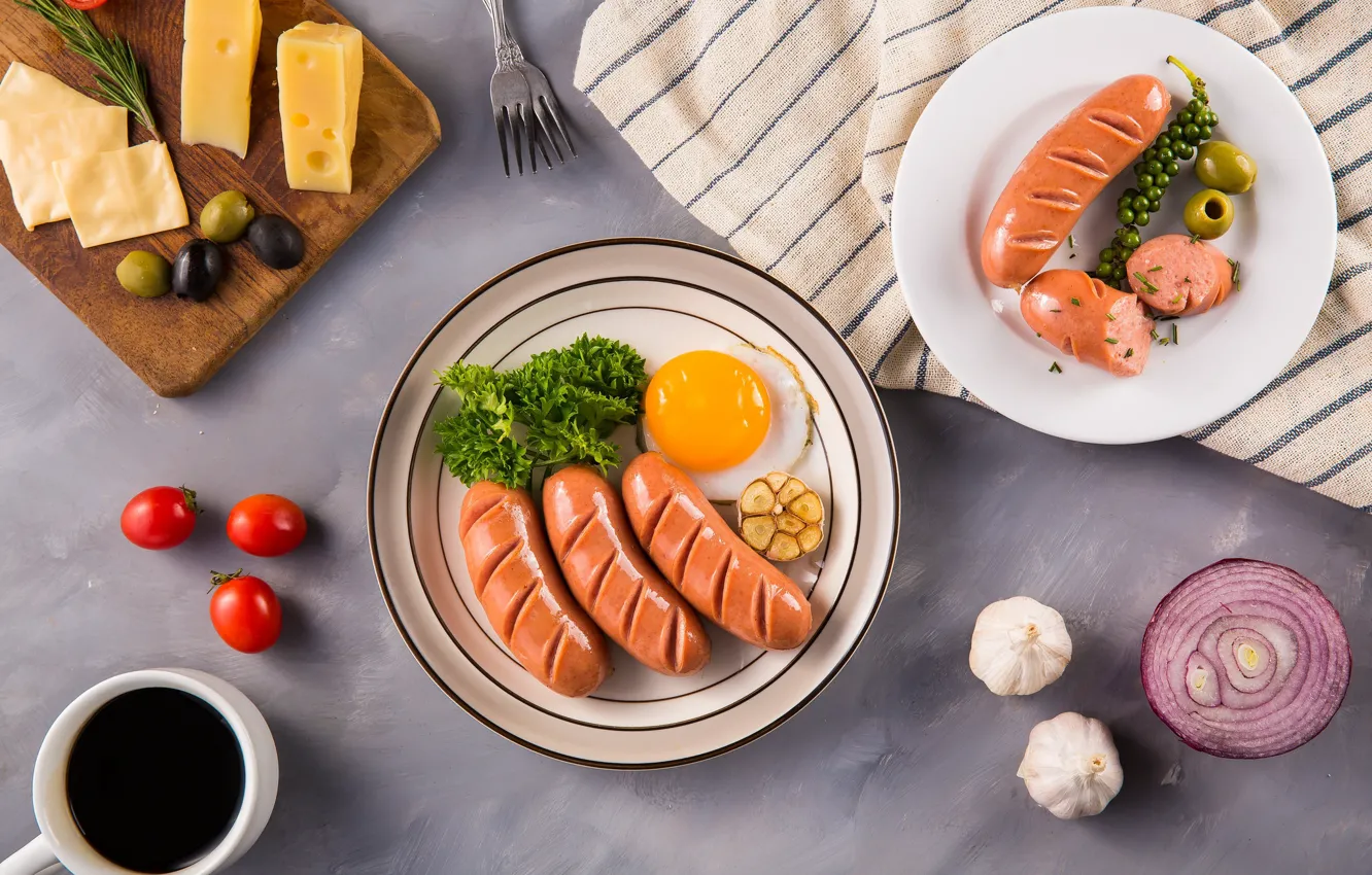 Photo wallpaper sausage, coffee, eggs, cheese, bow, tomatoes, olives, parsley