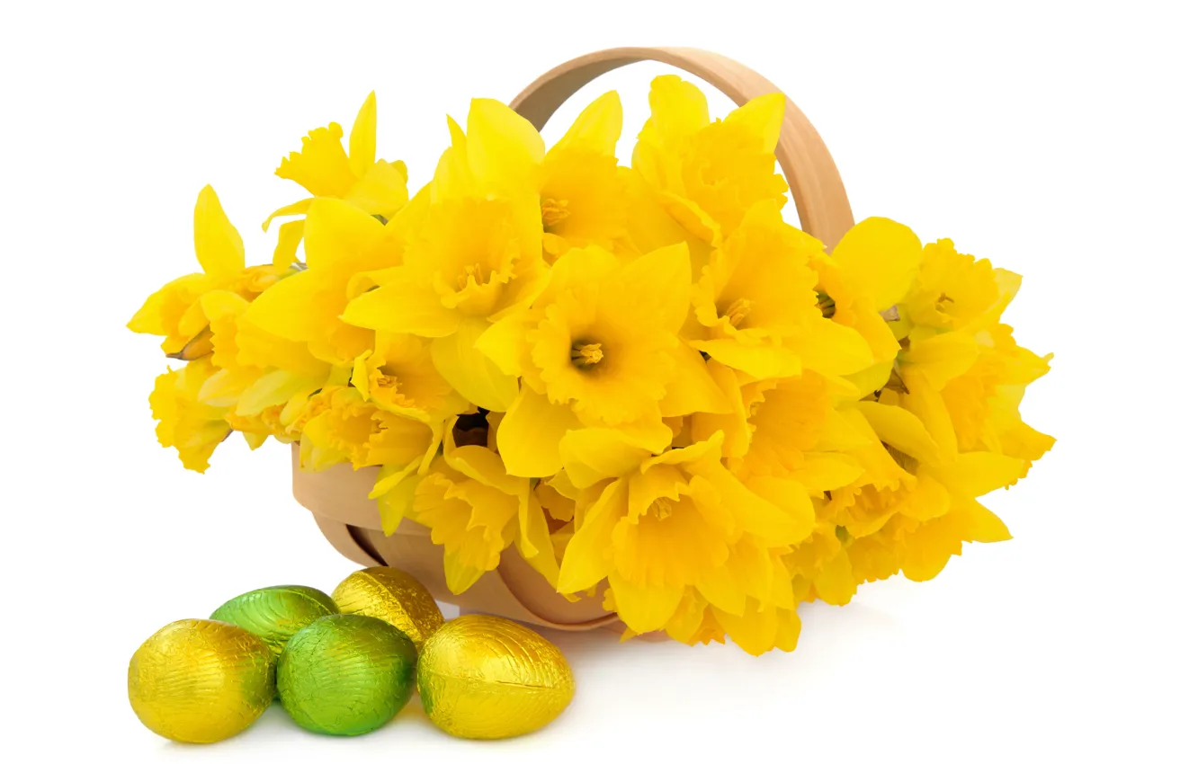 Photo wallpaper flowers, basket, flowers, daffodils, spring, eggs, easter, bouquet