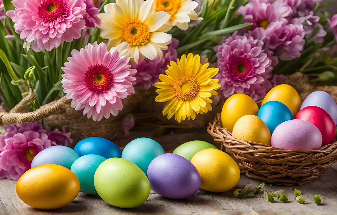 Photo wallpaper flowers, eggs, spring, colorful, Easter, flowers, spring, Easter