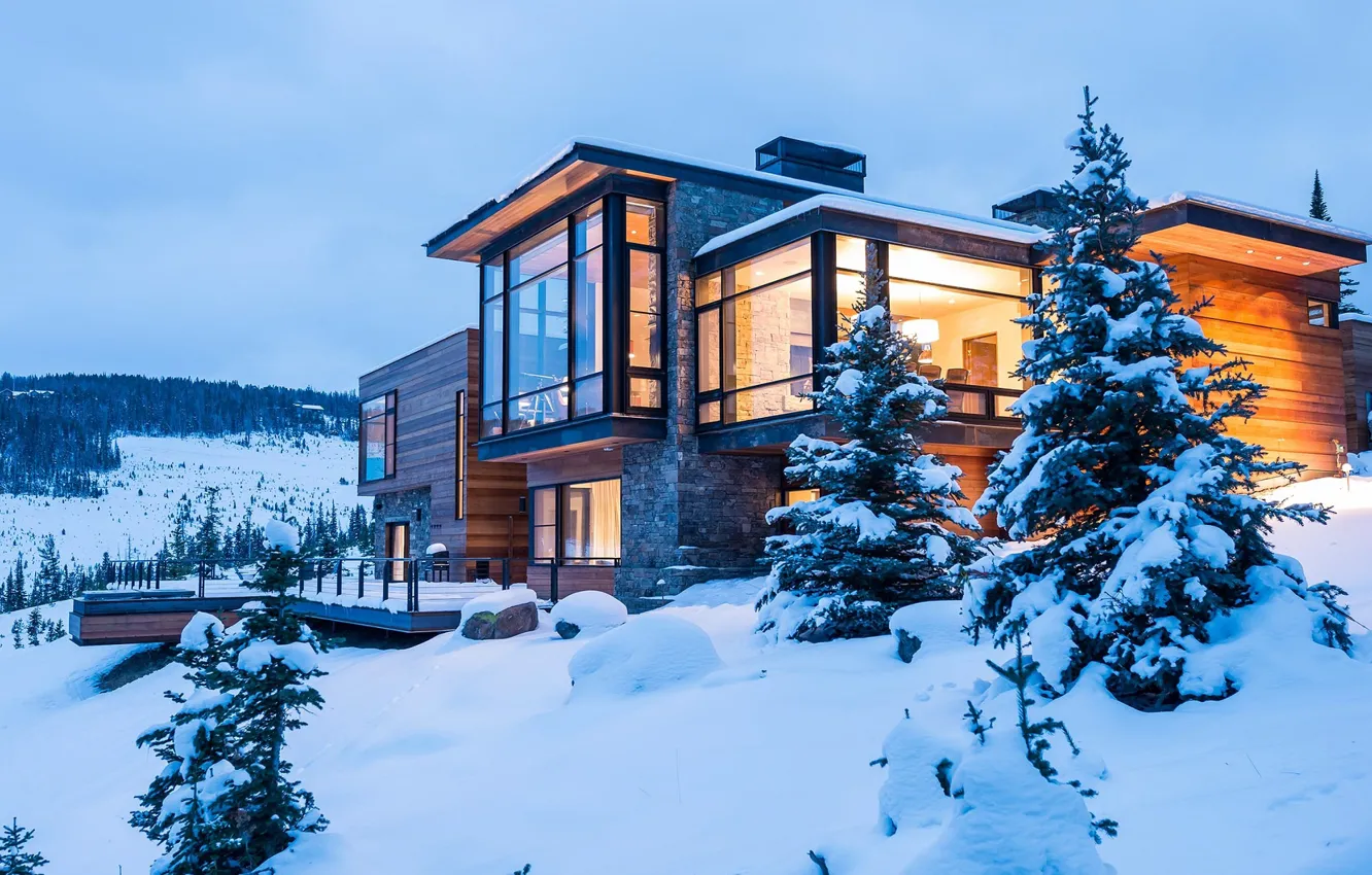 Photo wallpaper winter, comfort, style, stylish, home, the evening, house, cottage