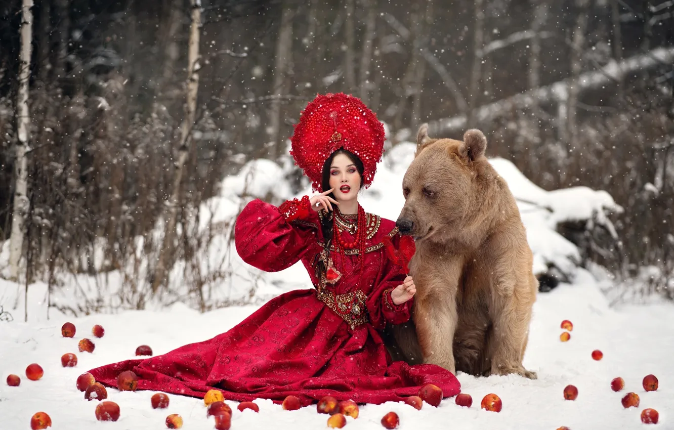 Photo wallpaper winter, forest, look, girl, snow, nature, pose, apples