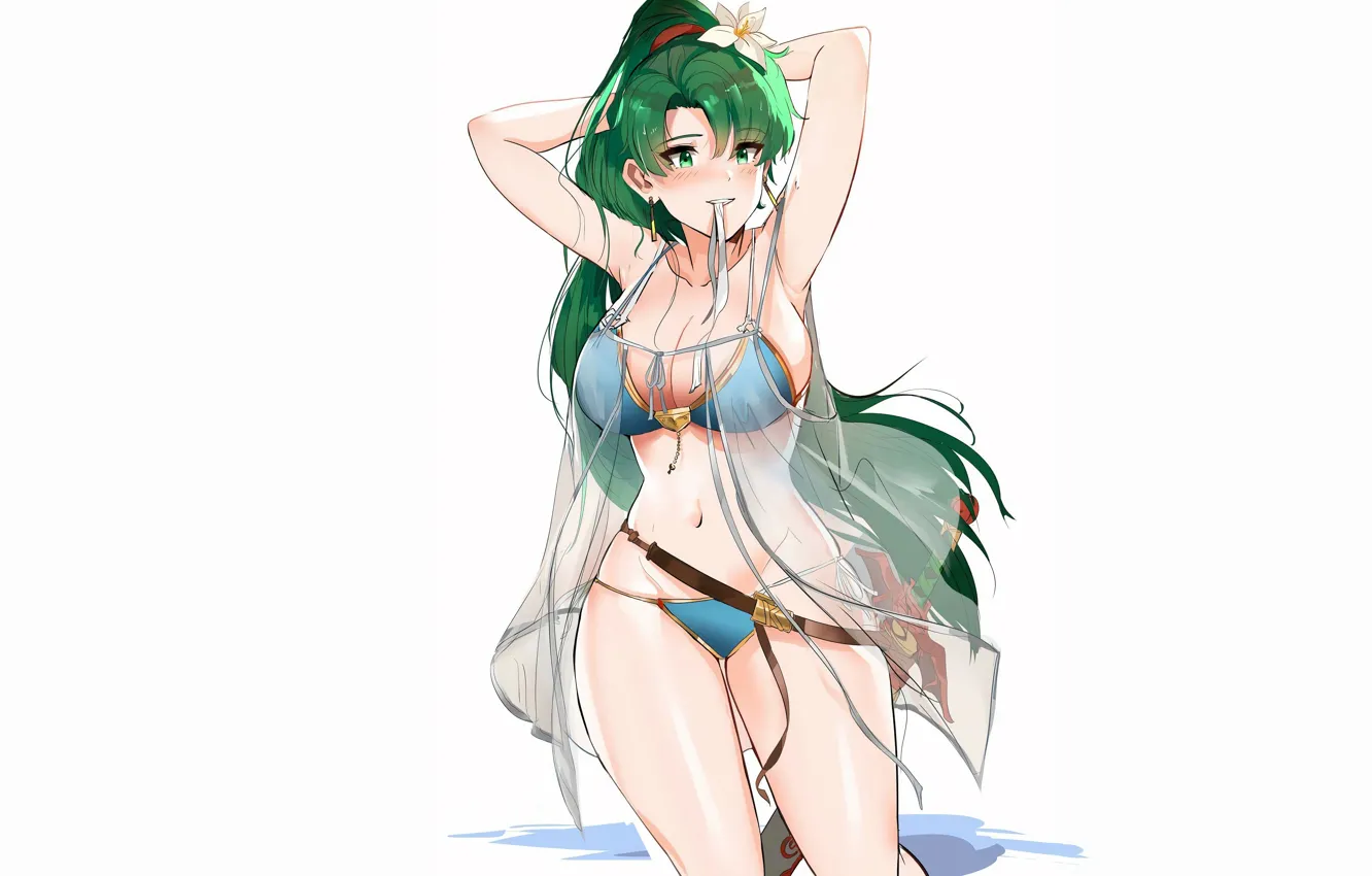 Photo wallpaper girl, sword, sexy, cleavage, green eyes, long hair, boobs, anime