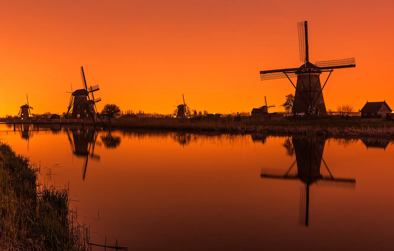 Photo wallpaper channel, glow, Netherlands, windmill, Kinderdijk