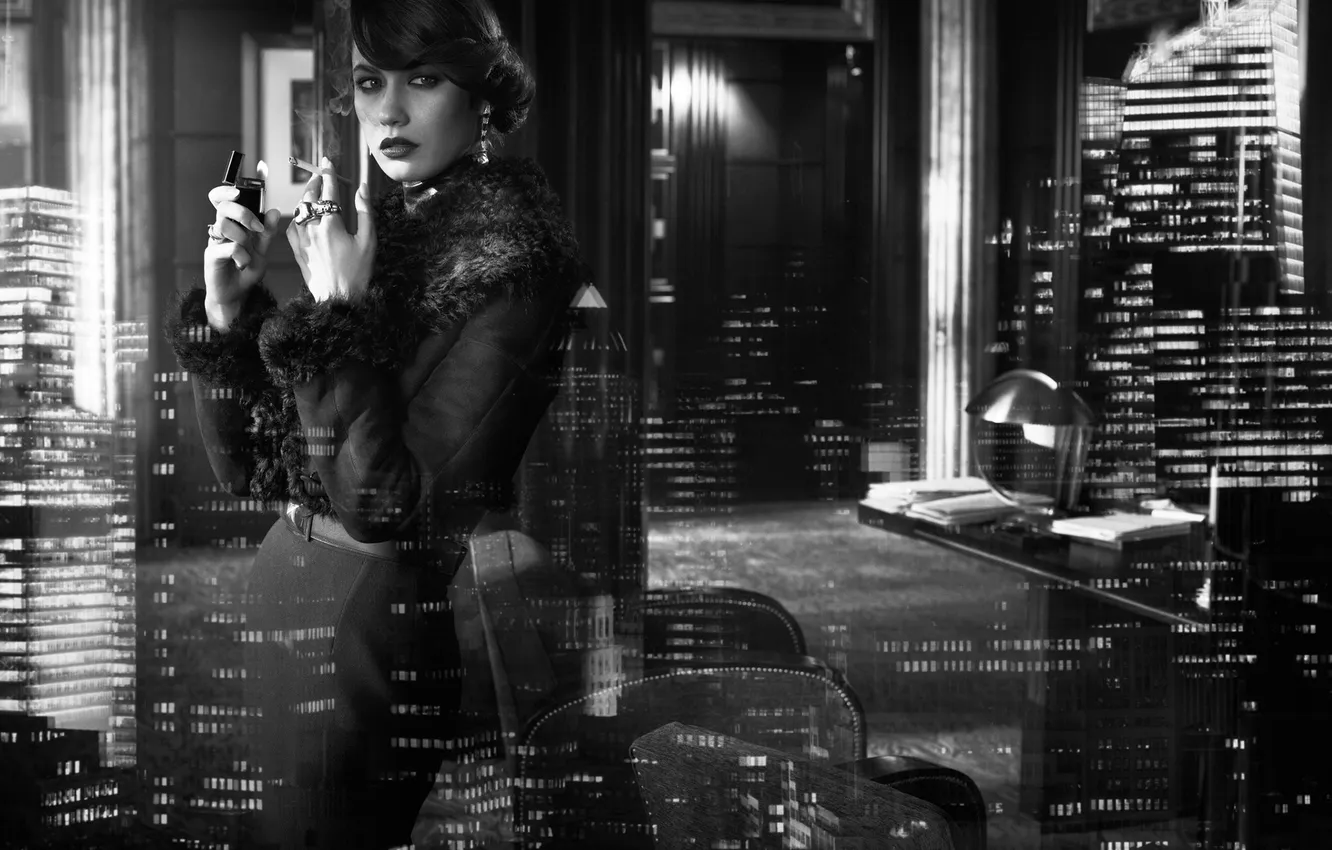 Photo wallpaper look, glass, reflection, model, makeup, actress, brunette, lighter