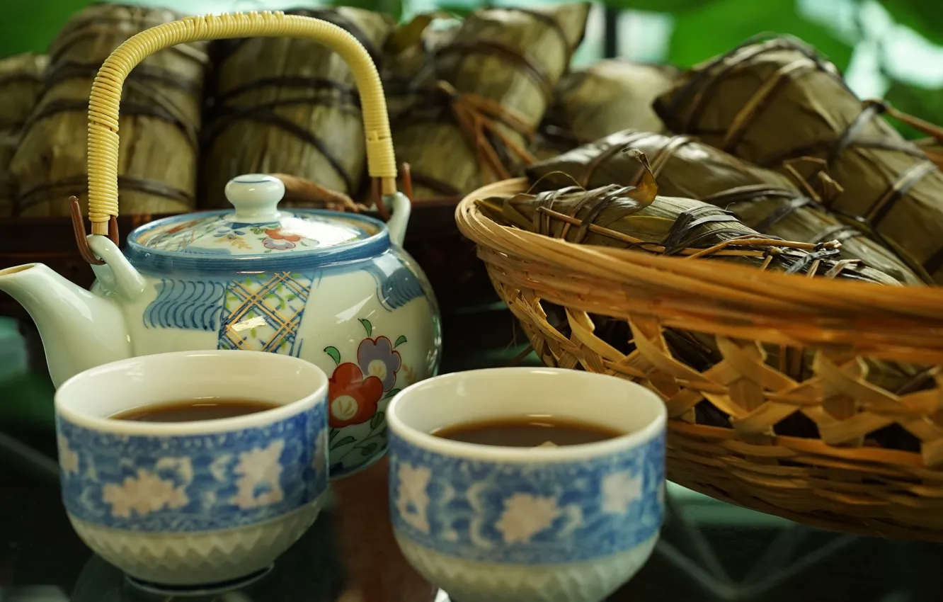 Photo wallpaper leaves, table, tea, kettle, harvest, the tea party, Cup, network