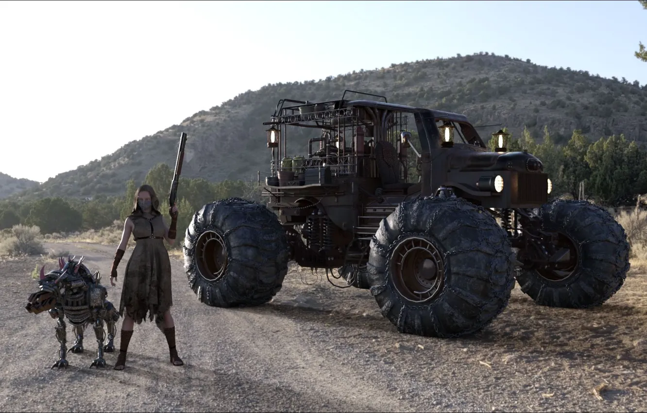 Photo wallpaper girl, weapons, warning, dog, girl, fantasy, control, control