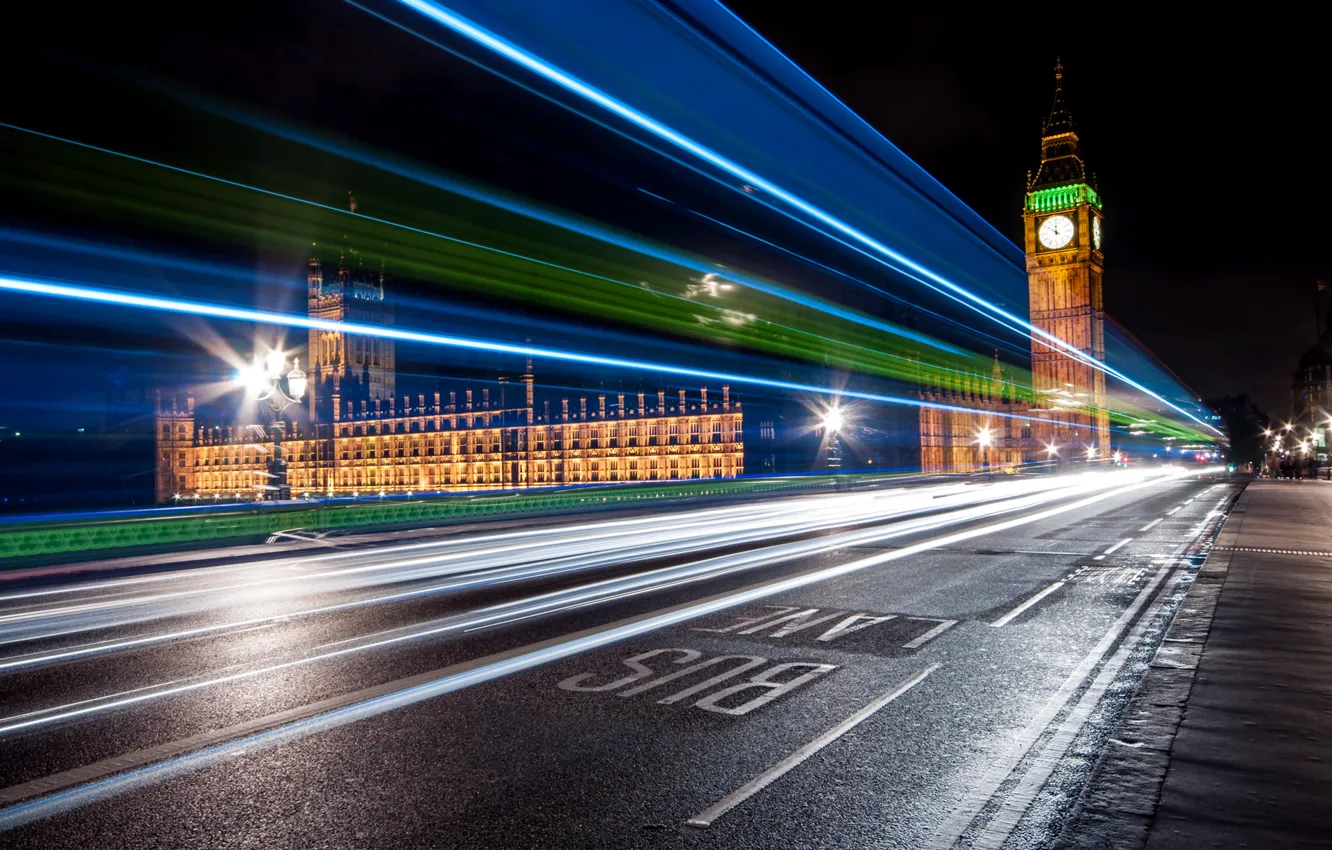 Photo wallpaper night, the city, lights, street, England, London, excerpt, Big Ben
