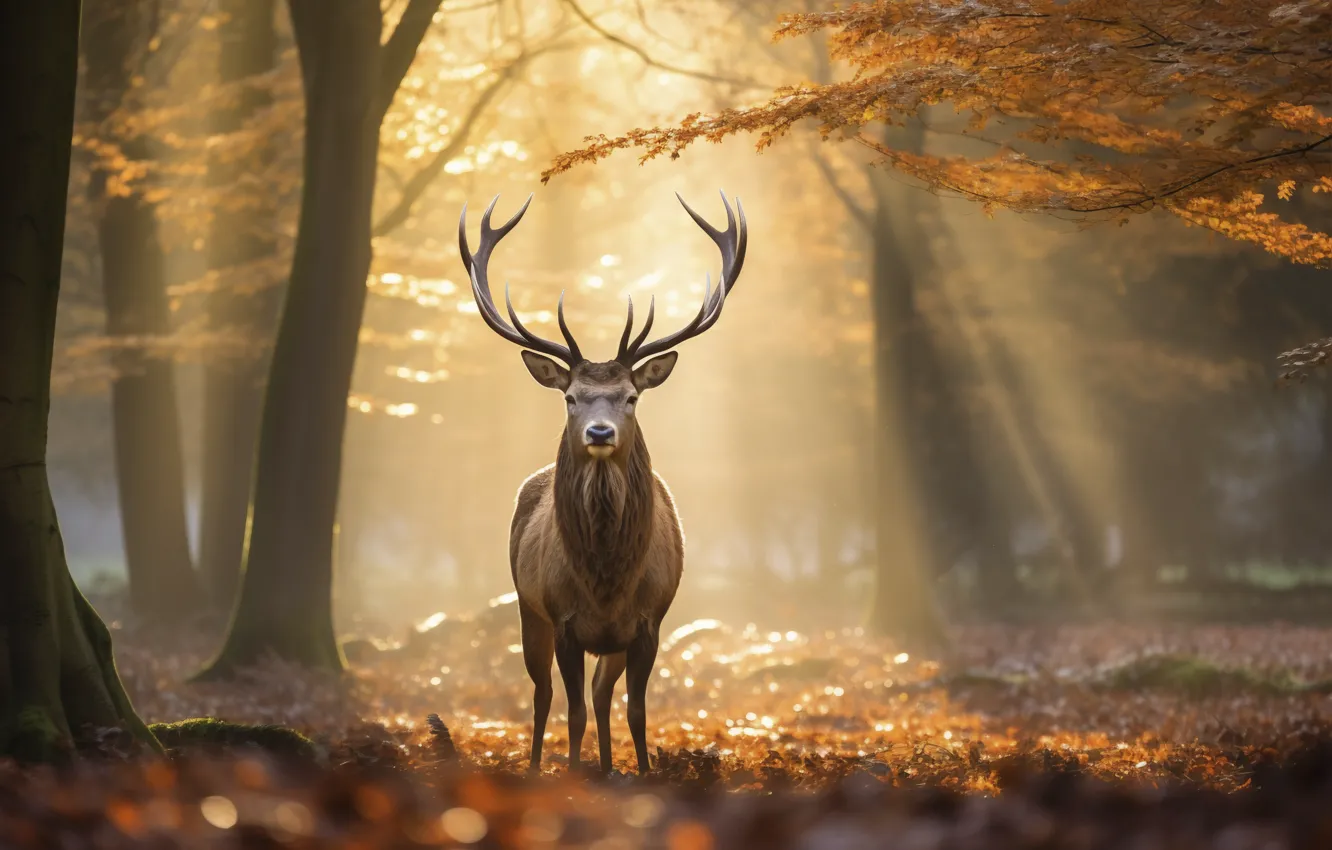 Photo wallpaper autumn, forest, the sun, nature, deer, AI art, neural network