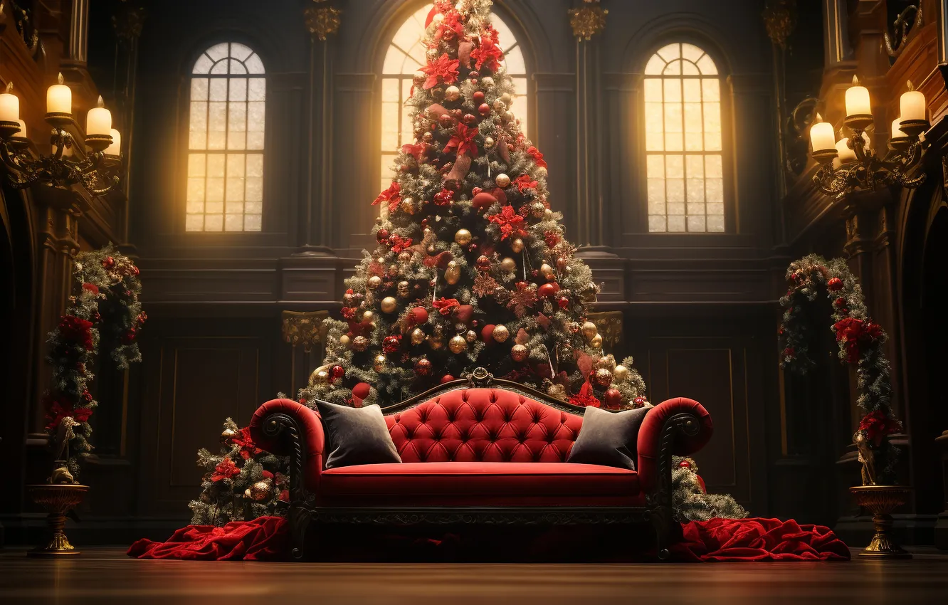 Photo wallpaper room, tree, new year, interior, Christmas, Christmas, view, tree