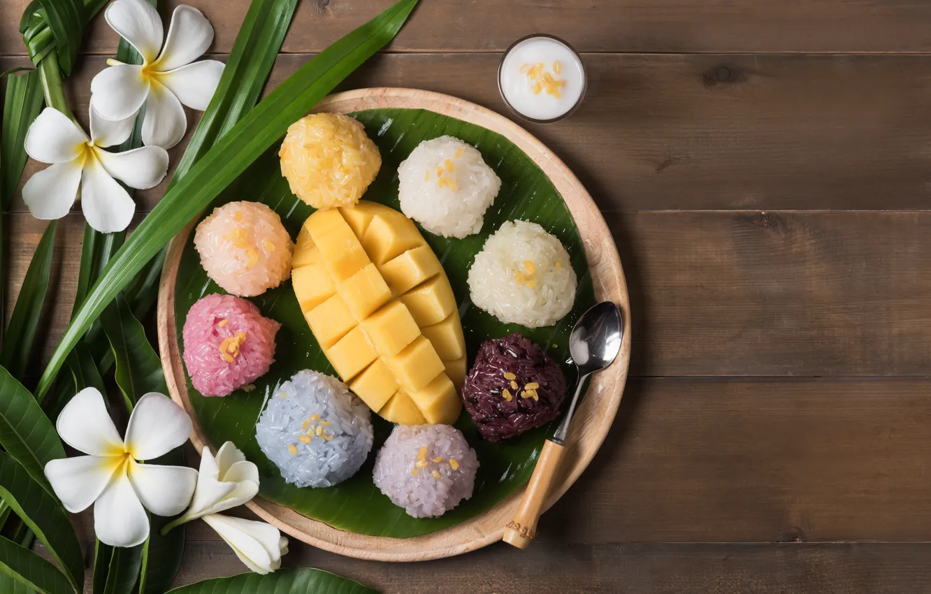 Photo wallpaper leaves, flowers, background, sweets, mango, plumeria