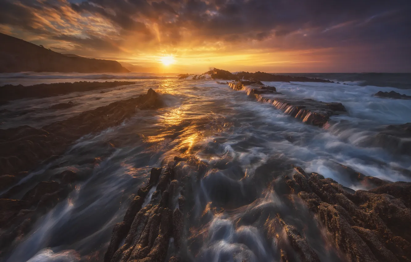Photo wallpaper sea, wave, the sky, the sun, clouds, light, rocks