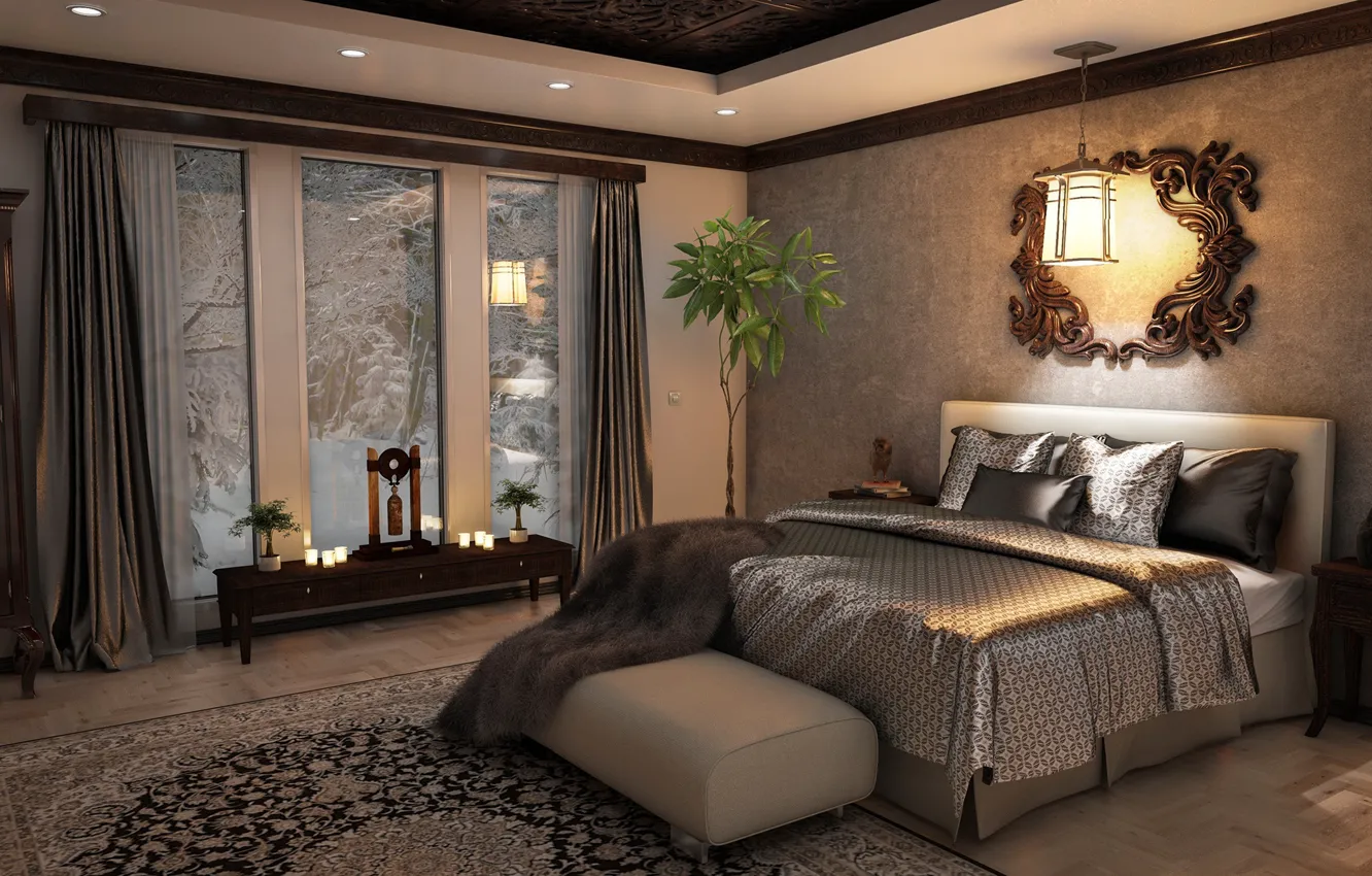 Photo wallpaper bed, mirror, window, plaid, bedroom